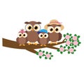 Cute owls family sitting on a tree branch flowers vector illustration